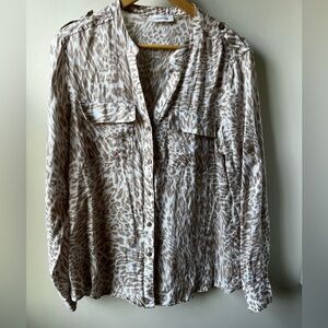 CALVIN KLEIN Linen Animal‎ Print Blouse Top Mobwife Cheetah Relaxed Fit Summer M